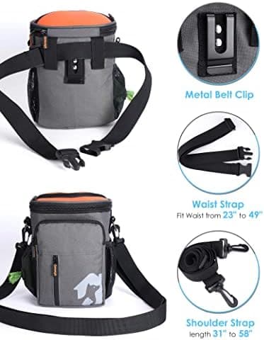 Gobeigo Leckerli-Tasche für Hunde + 8 Tassen und Trainings-Clicker + integrierter Kotbeutelspender + 3-Weg-tragbarer Out