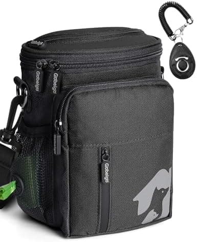 Gobeigo Leckerli-Tasche für Hunde + 8 Tassen und Trainings-Clicker + integrierter Kotbeutelspender + 3-Weg-tragbarer Out