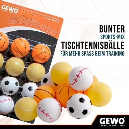 GEWO Sports-Mix Tischtennisbälle für Erwachsene - Plastik Tischtennisbälle - 12 Farbenvollerei, großformatig, perfekt fü