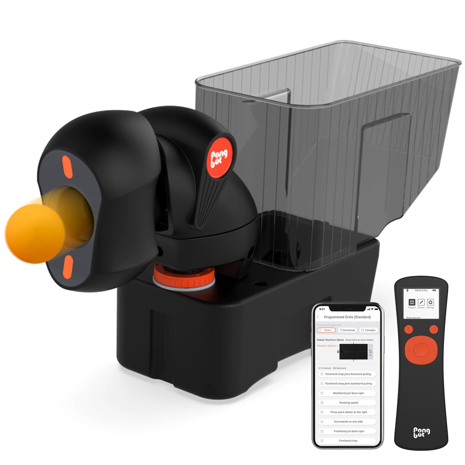 PongBot Tischtennisroboter - Steuerung per Remote und APP, 264 Übungsbohrer, anpassbares Schleudern und Ballgeschwindigk