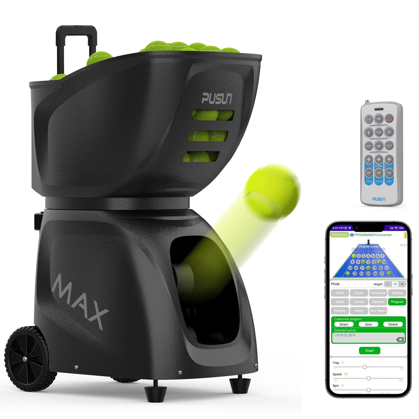 PT-MAXC Advanced Tennis Ball Launcher - Hohe Präzision, eingeBAgelbare Geschwindigkeit und Spinning. Ideal für Solo-Übun